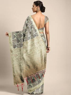 Beige printed silk blend saree with blouse 2