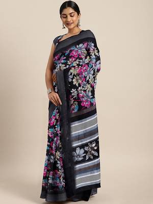 Black printed blended cotton saree with blouse 1