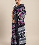 Black printed blended cotton saree with blouse