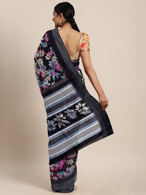 Black printed blended cotton saree with blouse 2