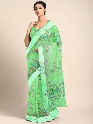 Green printed blended cotton saree with blouse 1