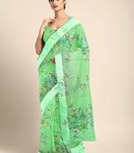 Green printed blended cotton saree with blouse
