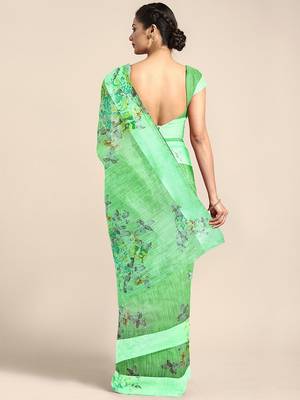 Green printed blended cotton saree with blouse 2