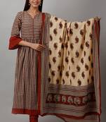 Women's Cotton Cambric Block Print Anarkali Kurta Churidar Dupatta Set (Beige & Red)
