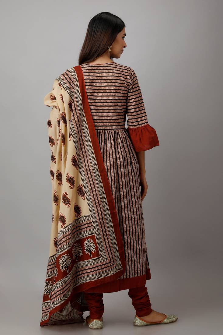 Women's Cotton Cambric Block Print Anarkali Kurta Churidar Dupatta Set (Beige & Red)