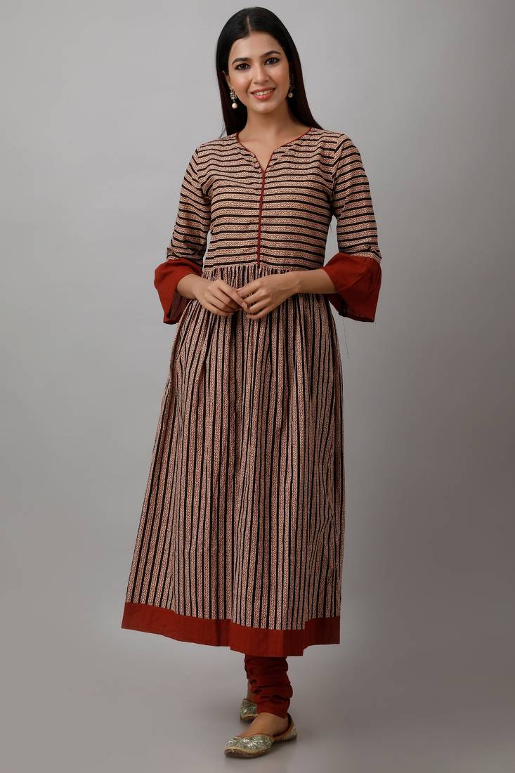 Women's Cotton Cambric Block Print Anarkali Kurta Churidar Dupatta Set (Beige & Red)