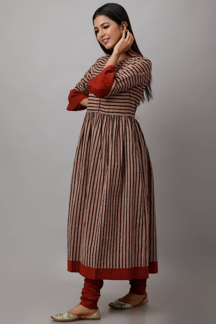 Women's Cotton Cambric Block Print Anarkali Kurta Churidar Dupatta Set (Beige & Red)