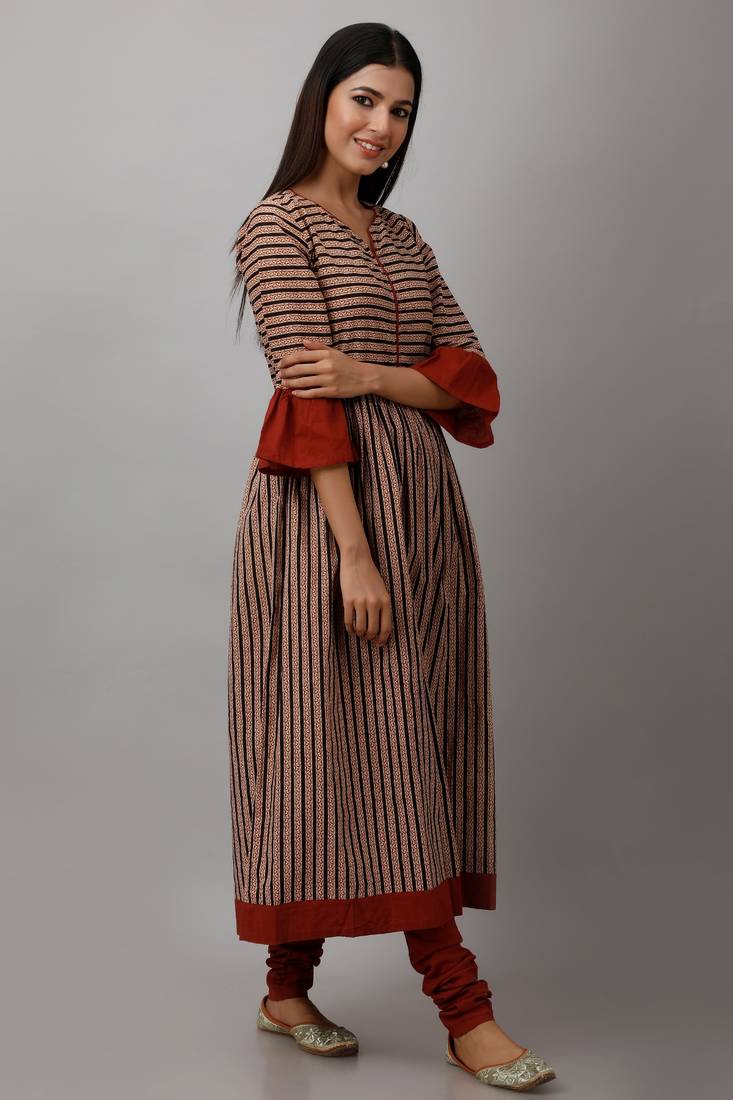 Women's Cotton Cambric Block Print Anarkali Kurta Churidar Dupatta Set (Beige & Red)