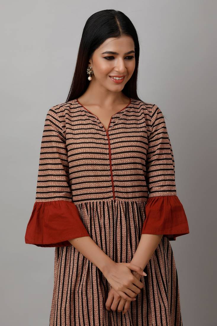 Women's Cotton Cambric Block Print Anarkali Kurta Churidar Dupatta Set (Beige & Red)