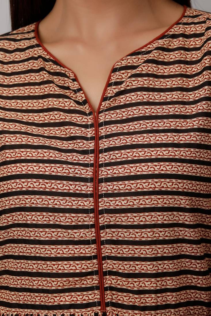 Women's Cotton Cambric Block Print Anarkali Kurta Churidar Dupatta Set (Beige & Red)