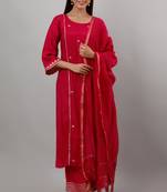 Women's Rayon Blend Solid Straight Kurta Palazzo Dupatta Set (Fucshia)