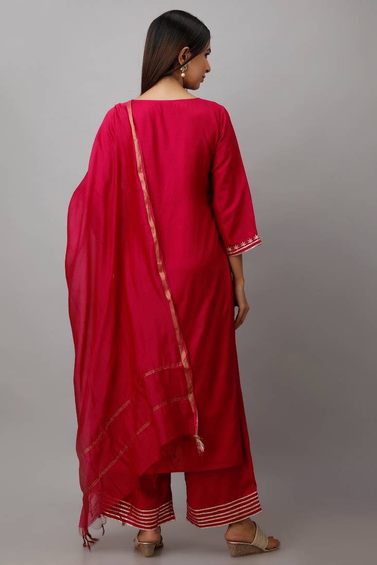 Women's Rayon Blend Solid Straight Kurta Palazzo Dupatta Set (Fucshia)