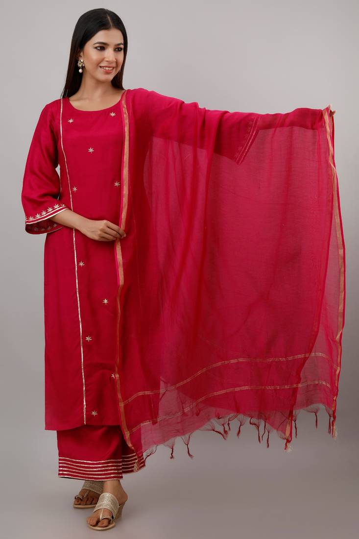 Women's Rayon Blend Solid Straight Kurta Palazzo Dupatta Set (Fucshia)
