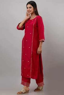 Women's Rayon Blend Solid Straight Kurta Palazzo Dupatta Set (Fucshia) 4
