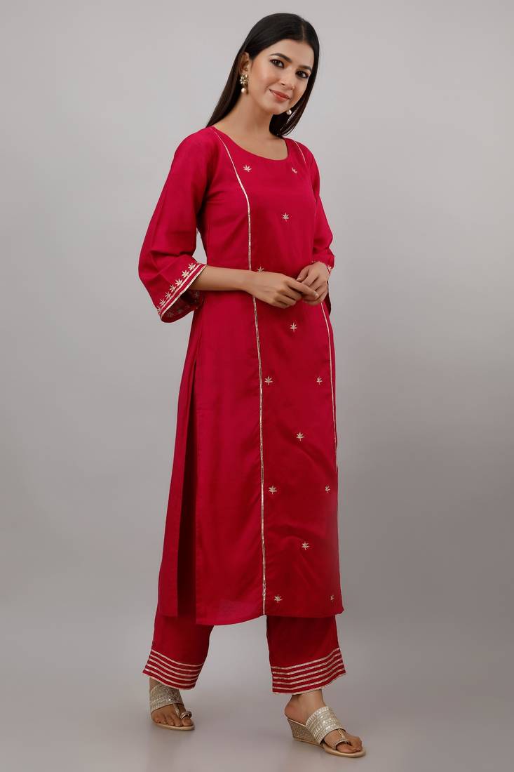 Women's Rayon Blend Solid Straight Kurta Palazzo Dupatta Set (Fucshia)