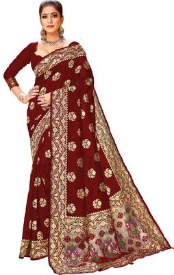 Maroon woven silk saree with blouse 1