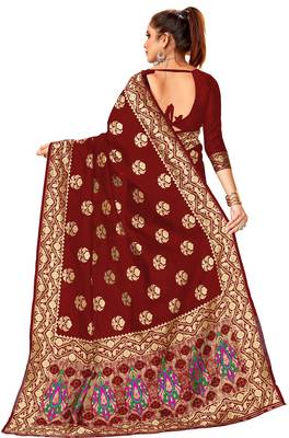 Maroon woven silk saree with blouse 2