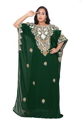 Green georgette moroccan islamic dubai kaftan farasha Aari and stone work dress 1