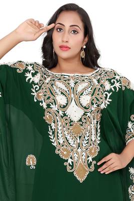 Green georgette moroccan islamic dubai kaftan farasha Aari and stone work dress 2