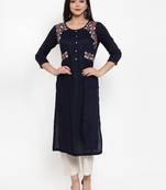 Navy-blue embroidered rayon kurtas-and-kurtis