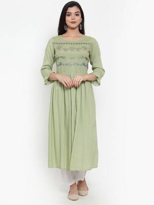 Olive embroidered rayon kurtas-and-kurtis 1