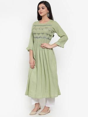 Olive embroidered rayon kurtas-and-kurtis 2