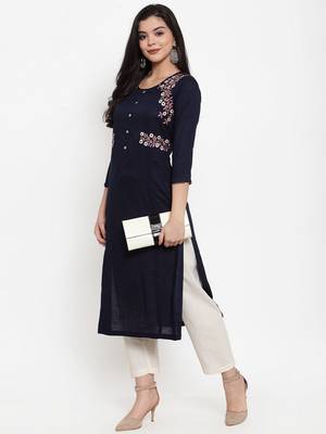 Navy-blue embroidered rayon kurtas-and-kurtis 3