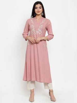 Light-pink embroidered rayon kurtas-and-kurtis 1