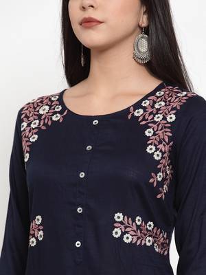 Navy-blue embroidered rayon kurtas-and-kurtis 5