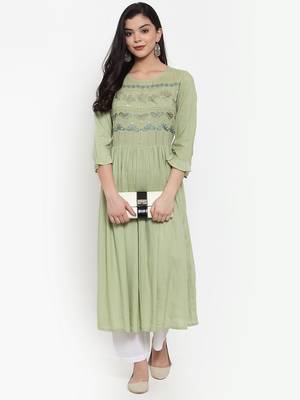 Olive embroidered rayon kurtas-and-kurtis 5