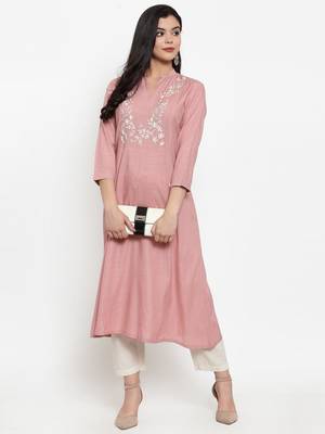 Light-pink embroidered rayon kurtas-and-kurtis 5