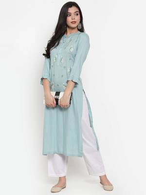 Light-blue embroidered rayon kurtas-and-kurtis 3