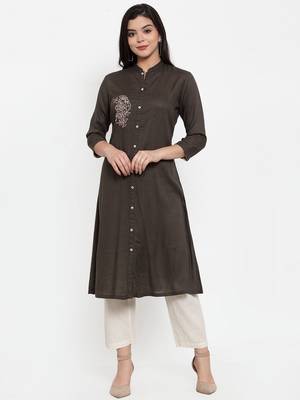Brown embroidered rayon kurtas-and-kurtis 1