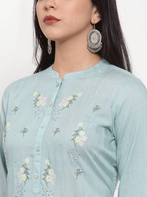 Light-blue embroidered rayon kurtas-and-kurtis 5