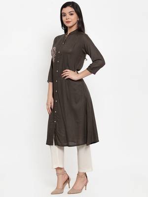 Brown embroidered rayon kurtas-and-kurtis 2