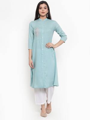 Light-blue embroidered rayon kurtas-and-kurtis 1