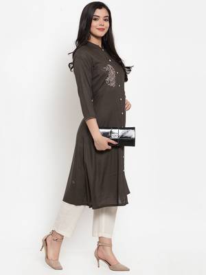 Brown embroidered rayon kurtas-and-kurtis 5