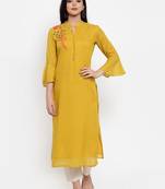 Mustard embroidered cotton silk kurtas-and-kurtis