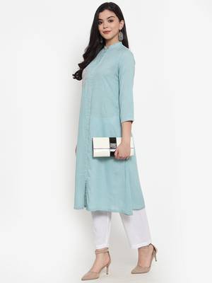 Light-blue embroidered rayon kurtas-and-kurtis 3