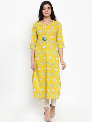 Yellow printed cotton kurtas-and-kurtis 1