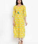Yellow printed cotton kurtas-and-kurtis