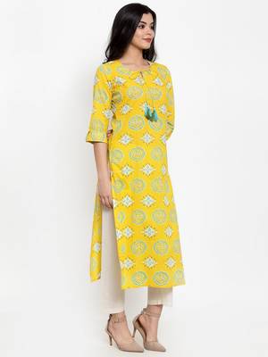 Yellow printed cotton kurtas-and-kurtis 2