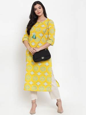 Yellow printed cotton kurtas-and-kurtis 3