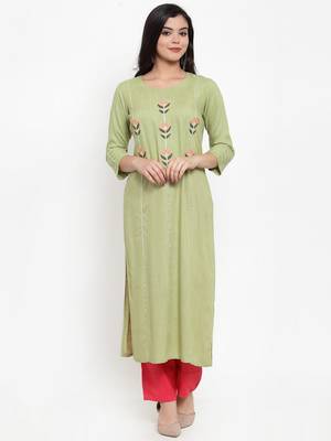 Olive embroidered rayon kurtas-and-kurtis 1