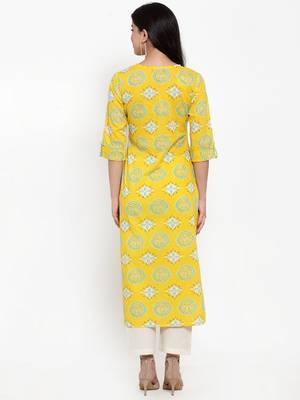 Yellow printed cotton kurtas-and-kurtis 4
