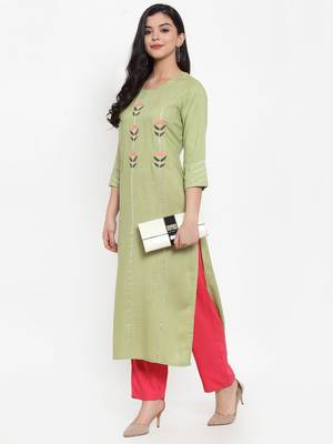 Olive embroidered rayon kurtas-and-kurtis 3
