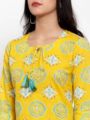 Yellow printed cotton kurtas-and-kurtis 5