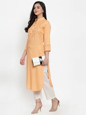 Peach embroidered rayon kurtas-and-kurtis 3
