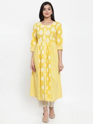 Yellow printed cotton kurtas-and-kurtis 1