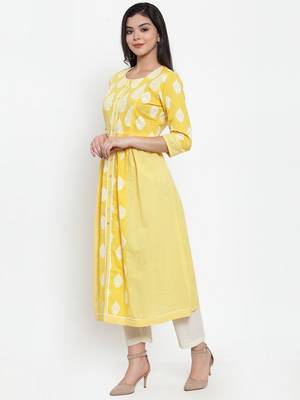Yellow printed cotton kurtas-and-kurtis 2